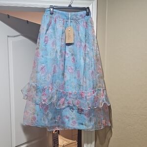 Listicle A-Line Skirt in Blue and Pink Floral